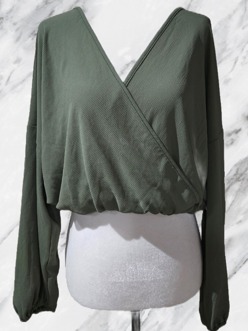 SHEIN Olive Green Wrap-Front Long Sleeve Crop Top